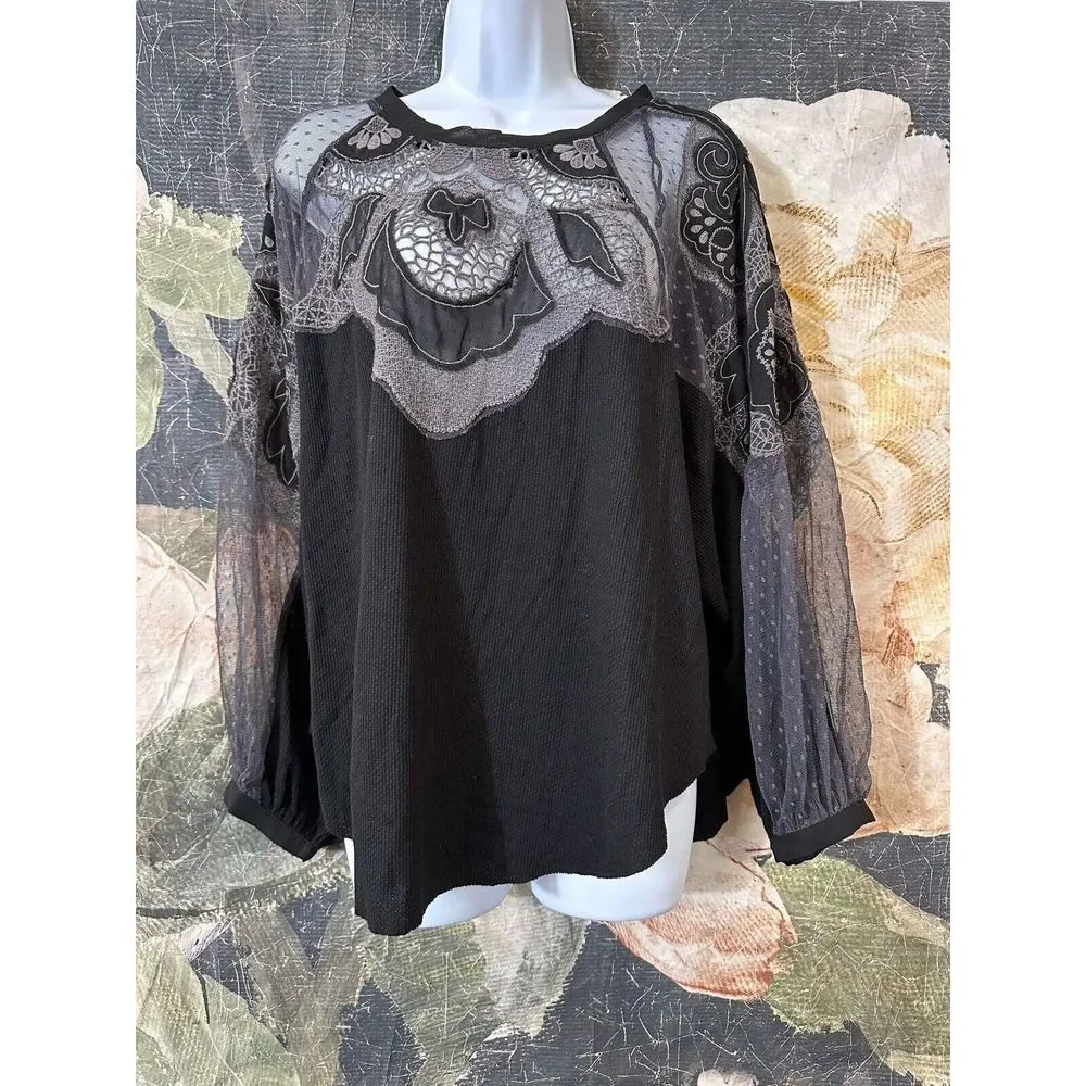 NEW Free People Toni Top Black Mesh Relaxed Fit Size M